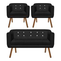 Sofá Namoradeira e 2 Poltronas com Strass Julia Pé Palito Castanho Suede Preto M11 DRossi