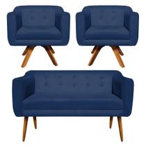 Sofá Namoradeira e 2 Poltronas Julia Giratória Madeira Suede Azul Marinho M11 - D'Rossi Sofá Namoradeira e 2 Poltronas Julia Giratória Madeira Suede Azul Marinho M11 - D'Rossi