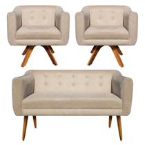 Sofá Namoradeira e 2 Poltronas Julia Giratória Madeira Suede Bege M11 - D'Rossi Sofá Namoradeira e 2 Poltronas Julia Giratória Madeira Suede Bege M11 - D'Rossi