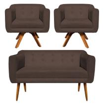 Sofá Namoradeira e 2 Poltronas Julia Giratória Madeira Suede Marrom M11- D'Rossi
