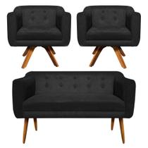 Sofá Namoradeira e 2 Poltronas Julia Giratória Madeira Suede Preto M11- D'Rossi Sofá Namoradeira e 2 Poltronas Julia Giratória Madeira Suede Preto M11- D'Rossi