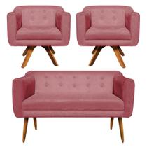 Sofá Namoradeira e 2 Poltronas Julia Giratória Madeira Suede Rosê M11- D'Rossi Sofá Namoradeira e 2 Poltronas Julia Giratória Madeira Suede Rosê M11- D'Rossi