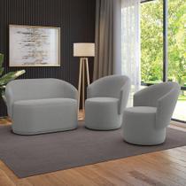 Sofá Namoradeira E 2 Poltronas Orgânica Para Sala Malu Suede Cinza M11 - D'rossi