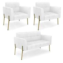 Sofá Namoradeira E 2 Poltronas Pé De Ferro Dourado Elisa Corano D03 - D'rossi Cor Branco