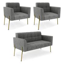 Sofá Namoradeira E 2 Poltronas Pé De Ferro Dourado Elisa Linho D03 - D'rossi Cor A26 Grafite