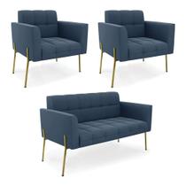 Sofá Namoradeira e 2 Poltronas Pé de Ferro Dourado Elisa Suede Azul Marinho D03 - D'Rossi Sofá Namoradeira e 2 Poltronas Pé de Ferro Dourado Elisa Suede Azul Marinho D03 - D'Rossi