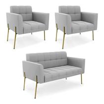 Sofá Namoradeira e 2 Poltronas Pé de Ferro Dourado Elisa Suede Cinza D03 - D'Rossi Sofá Namoradeira e 2 Poltronas Pé de Ferro Dourado Elisa Suede Cinza D03 - D'Rossi