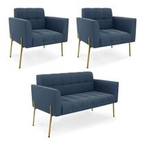 Sofá Namoradeira E 2 Poltronas Pé De Ferro Dourado Elisa Suede D03 - D'rossi Cor Azul Marinho Sofá Namoradeira E 2 Poltronas Pé De Ferro Dourado Elisa Suede D03 - D'rossi Cor Azul Marinho
