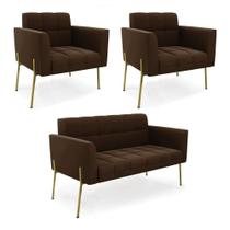 Sofá Namoradeira E 2 Poltronas Pé De Ferro Dourado Elisa Suede D03 - D'rossi Cor Marrom Sofá Namoradeira E 2 Poltronas Pé De Ferro Dourado Elisa Suede D03 - D'rossi Cor Marrom