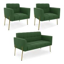 Sofá Namoradeira E 2 Poltronas Pé De Ferro Dourado Elisa Suede Verde D03 - D'rossi