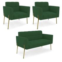 Sofá Namoradeira E 2 Poltronas Pé De Ferro Dourado Elisa Veludo D03 - D'rossi Cor Verde Sofá Namoradeira E 2 Poltronas Pé De Ferro Dourado Elisa Veludo D03 - D'rossi Cor Verde