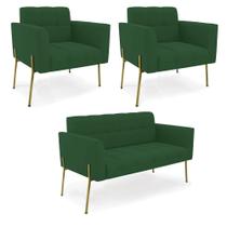 Sofá Namoradeira e 2 Poltronas Pé de Ferro Dourado Elisa Veludo Verde D03 - D'Rossi Sofá Namoradeira e 2 Poltronas Pé de Ferro Dourado Elisa Veludo Verde D03 - D'Rossi