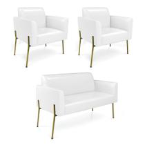 Sofá Namoradeira e 2 Poltronas Pé de Ferro Dourado Marisa Corano Branco