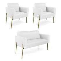 Sofá Namoradeira e 2 Poltronas Pé de Ferro Dourado Marisa material sintético Branco