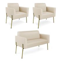 Sofá Namoradeira E 2 Poltronas Pé De Ferro Dourado Marisa material sintético D03 Bege