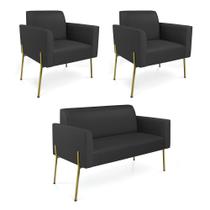 Sofá Namoradeira e 2 Poltronas Pé de Ferro Dourado Marisa material sintético Sofá Namoradeira e 2 Poltronas Pé de Ferro Dourado Marisa material sintético