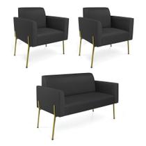 Sofá Namoradeira E 2 Poltronas Pé De Ferro Dourado Marisa material sintético Preto D03