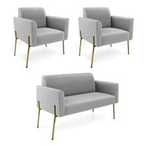 Sofá Namoradeira e 2 Poltronas Pé de Ferro Dourado Marisa Suede Cinza Sofá Namoradeira e 2 Poltronas Pé de Ferro Dourado Marisa Suede Cinza