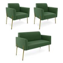 Sofá Namoradeira E 2 Poltronas Pé De Ferro Dourado Marisa Suede D03 Verde Sofá Namoradeira E 2 Poltronas Pé De Ferro Dourado Marisa Suede D03 Verde