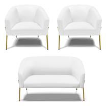 Sofá Namoradeira e 2 Poltronas Pé de Ferro Dourado Stella material sintético Branco D03 - D'Rossi