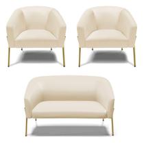 Sofá Namoradeira E 2 Poltronas Pé De Ferro Dourado Stella material sintético D03 - D'rossi Cor Bege