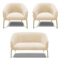 Sofá Namoradeira E 2 Poltronas Pé De Ferro Dourado Stella Suede D03 - D'rossi Cor Bege