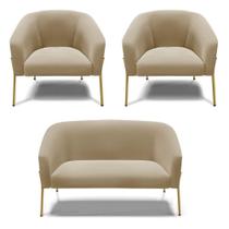 Sofá Namoradeira E 2 Poltronas Pé De Ferro Dourado Stella Suede Marrom Rato D03 - D'rossi