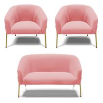 Sofá Namoradeira e 2 Poltronas Pé de Ferro Dourado Stella Suede Rosê D03 - D'Rossi Sofá Namoradeira e 2 Poltronas Pé de Ferro Dourado Stella Suede Rosê D03 - D'Rossi