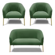 Sofá Namoradeira E 2 Poltronas Pé De Ferro Dourado Stella Suede Verde D03 - D'rossi