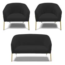 Sofá Namoradeira E 2 Poltronas Pé De Ferro Dourado Stella Veludo D03 - D'rossi Cor Preto