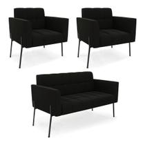 Sofá Namoradeira E 2 Poltronas Pé De Ferro Preto Elisa Suede Preto D03 - D'rossi Sofá Namoradeira E 2 Poltronas Pé De Ferro Preto Elisa Suede Preto D03 - D'rossi