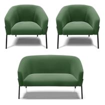 Sofá Namoradeira E 2 Poltronas Pé De Ferro Preto Stella Suede Verde D03 - D'rossi