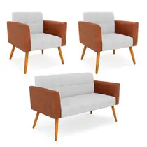 Sofá Namoradeira e 2 Poltronas Pés Palito Castanho Elisa Nozes/Linho Cinza A05 D03 - D'Rossi