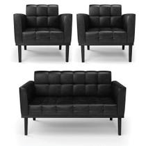Sofá Namoradeira E Poltrona Base De Madeira Preto Elisa Corano D03 - D'rossi Cor Preto