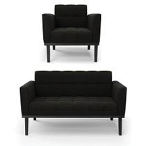 Sofá Namoradeira E Poltrona Base De Madeira Preto Elisa Suede D03 - D'rossi Cor Preto