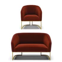 Sofá Namoradeira E Poltrona Base Industrial Dourado Stella Bouclê Terra D03 - D'rossi