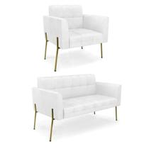 Sofá Namoradeira E Poltrona Base Pé De Ferro Dourado Elisa Corano Branco D03 - D'rossi