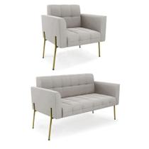 Sofá Namoradeira E Poltrona Base Pé De Ferro Dourado Elisa Veludo D03 - D'rossi Cor Cinza