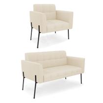 Sofá Namoradeira e Poltrona Base Pé de Ferro Preto Elisa Linho Bege A19 D03 - D'Rossi