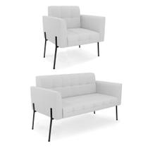 Sofá Namoradeira e Poltrona Base Pé de Ferro Preto Elisa Linho Cinza A05 D03 - D'Rossi