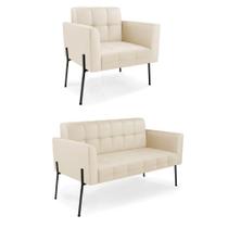 Sofá Namoradeira E Poltrona Base Pé De Ferro Preto Elisa material sintético D03 - D'rossi Cor Bege