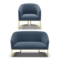 Sofá Namoradeira e Poltrona Industrial Dourado Stella Suede Azul M D03 - D'Rossi