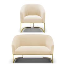 Sofá Namoradeira e Poltrona Industrial Dourado Stella Suede Bege D03 - D'Rossi