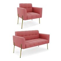 Sofá Namoradeira E Poltrona Pé De Ferro Dourado Elisa Suede D03 - D'rossi Cor Rose