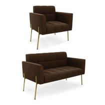 Sofá Namoradeira e Poltrona Pé de Ferro Dourado Elisa Suede Marrom D03 - D'Rossi