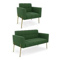 Sofá Namoradeira e Poltrona Pé de Ferro Dourado Elisa Suede Verde D03 - D'Rossi