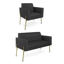 Sofá Namoradeira E Poltrona Pé De Ferro Dourado Marisa material sintético Preto D03