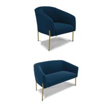 Sofá Namoradeira E Poltrona Pé Ferro Dourado Stella Bouclê D03 - D'rossi Cor Azul Sofá Namoradeira E Poltrona Pé Ferro Dourado Stella Bouclê D03 - D'rossi Cor Azul