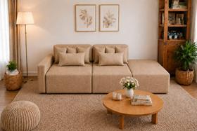 Sofá Palazzo Living Linho bege Premium Chaise Integrado 1,80m Compact Mini - Braço Direito ou Esquerdo