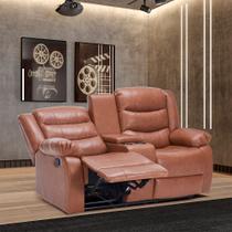Sofá Reclinável Sala de Cinema 2 Lugares Massagem Aquecimento Hollywood Manual Porta Copos Baú Central PU Caramelo G94 - Gran Belo